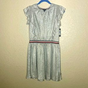 Tommy Hilfiger Girls Metallic Silver Crinkle Dress Sz XL (16) NWT